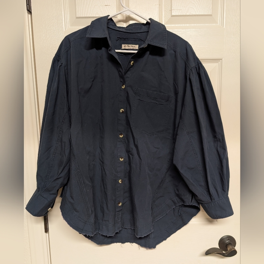 Free People We The Free Happy Hour Poplin Button-Down Top Navy Size S Oversized